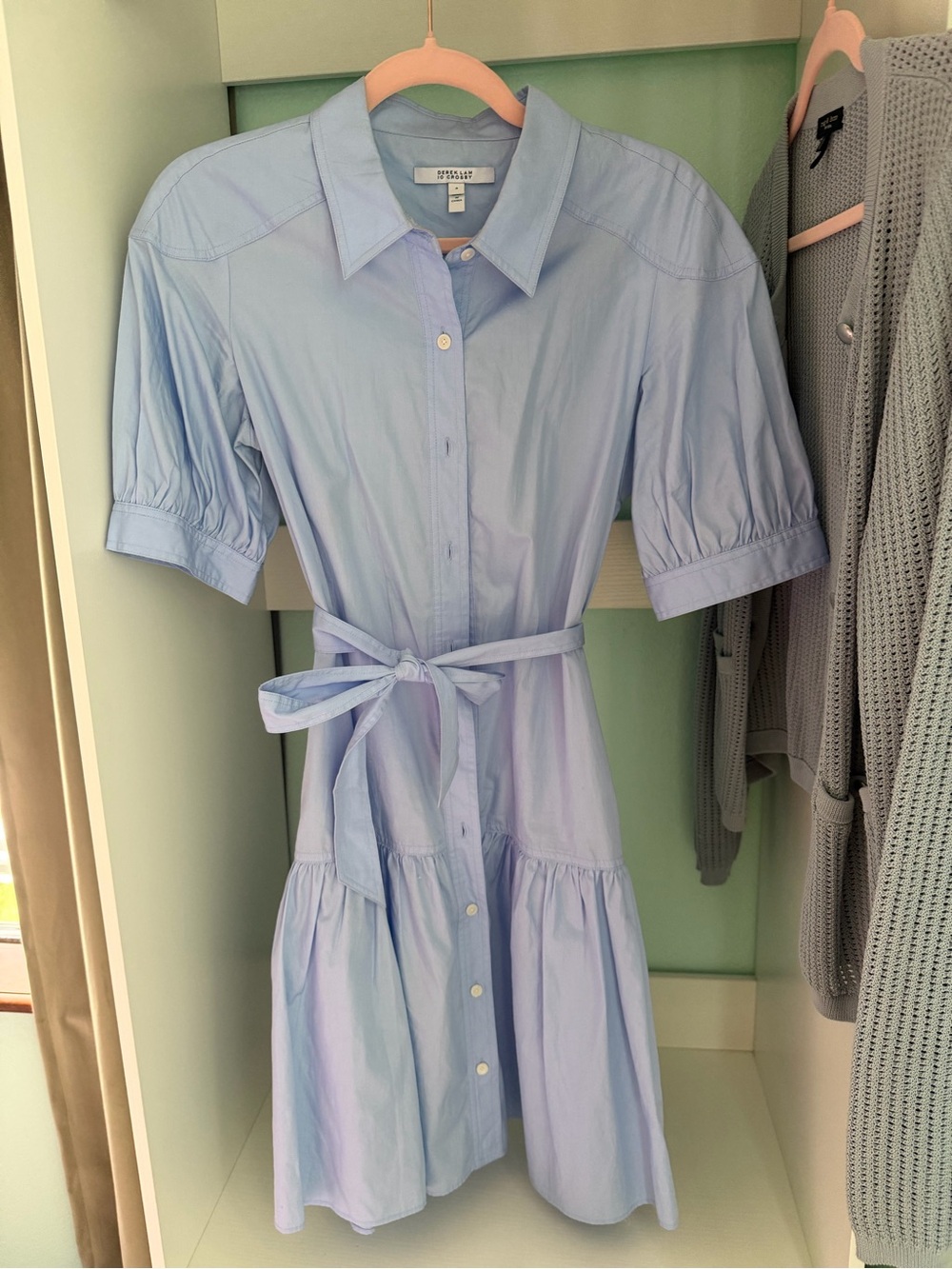 Derek Lam Pale Blue Button-Front Tie-Waist Shirtdress